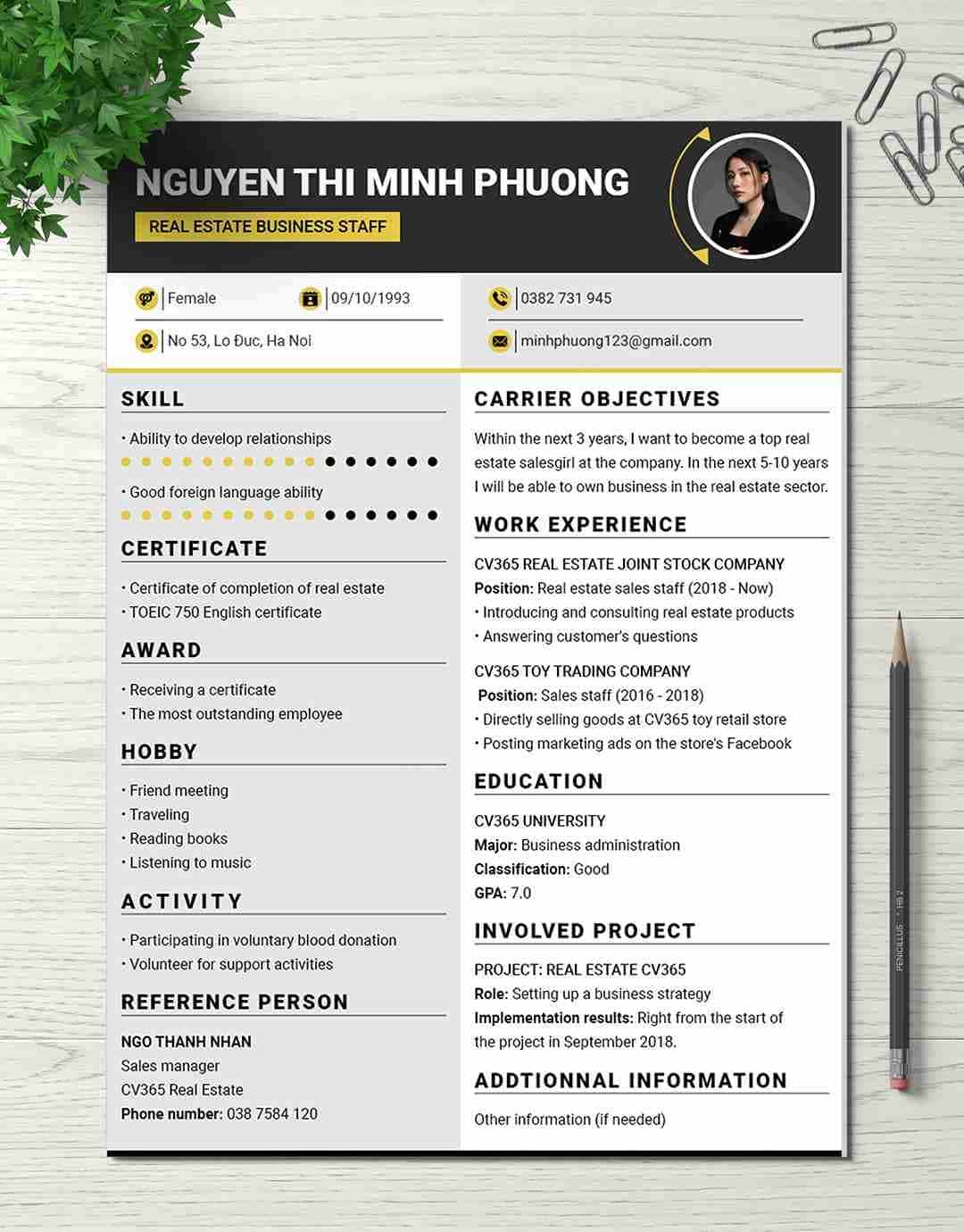 Mẫu CV xin việc làm bất động sản